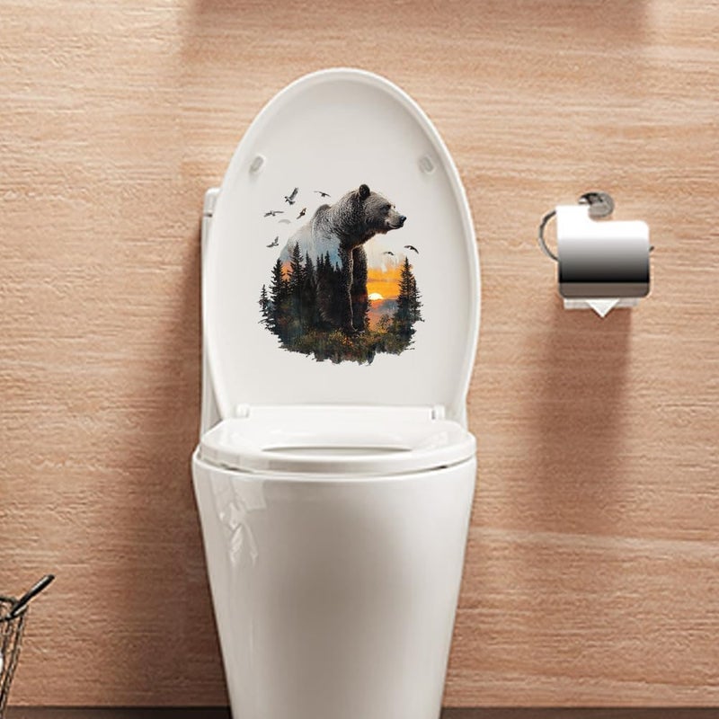 Iprokiu Funny Animal Toilet Seat Cover Decal Waterproof Cartoon Dog Cat Toilet Seat Lid Sticker Dinosaur Duck Washroom Bathroom Decal Home Wall Sticker (Side Bear) - Image 5